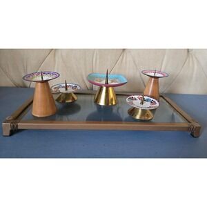 Mid Century Austrian Enamel Candle Holders Set 5 Tray Handmade Vintage Steinbock